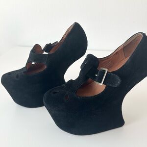 Jeffrey Campbell Tee-Off Black Suede Sculpted Platform Wedges - Size 8M